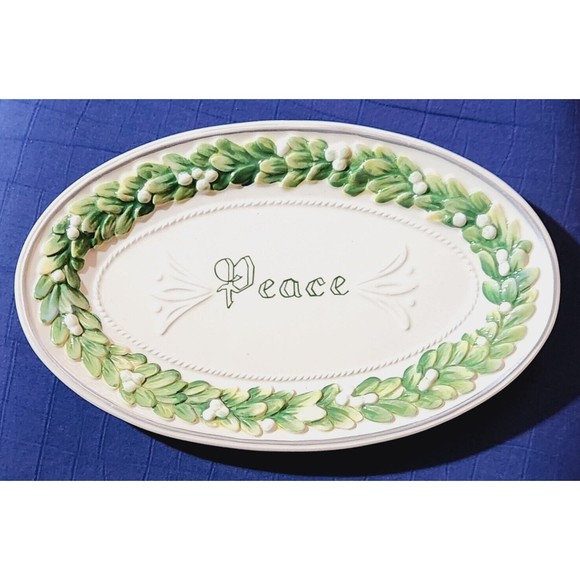 Fitz and Floyd Winter Garden PEACE Oval Platter White w/ Mistletoe 9 1/2" X 6" - Picture 1 of 6